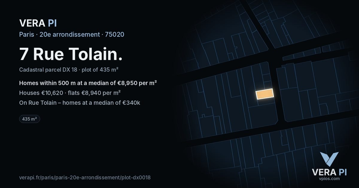 7 Rue Tolain, 20e arrondissement at night – the plot lit, the parcels around coloured by the prices near them
