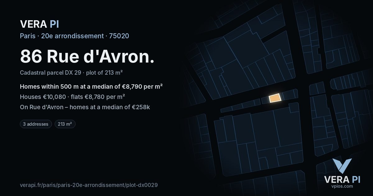 86 Rue d'Avron, 20e arrondissement at night – the plot lit, the parcels around coloured by the prices near them