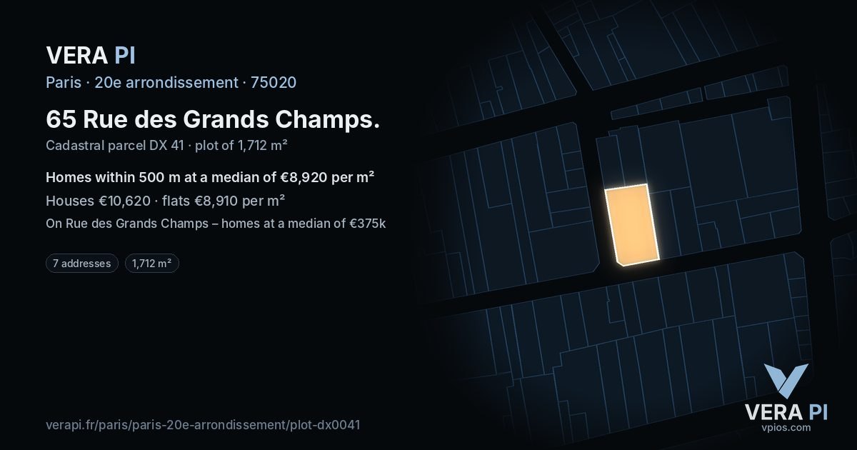 65 Rue des Grands Champs, 20e arrondissement at night – the plot lit, the parcels around coloured by the prices near them