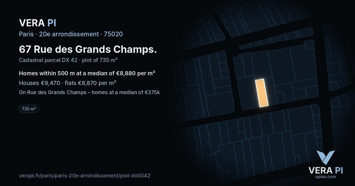 67 Rue des Grands Champs, 20e arrondissement at night – the plot lit, the parcels around coloured by the prices near them