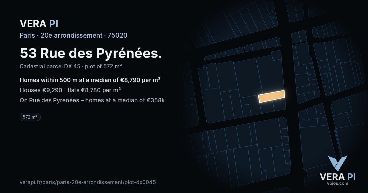 53 Rue des Pyrénées, 20e arrondissement at night – the plot lit, the parcels around coloured by the prices near them