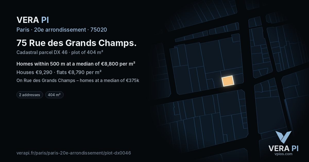 75 Rue des Grands Champs, 20e arrondissement at night – the plot lit, the parcels around coloured by the prices near them
