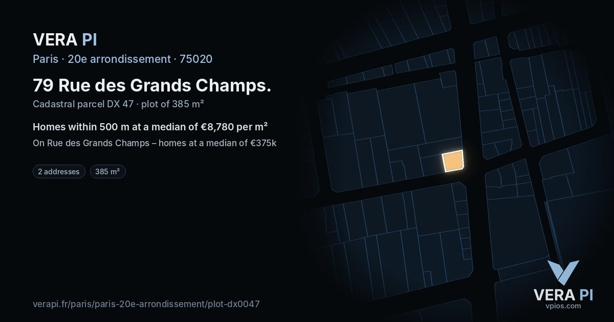 79 Rue des Grands Champs, 20e arrondissement at night – the plot lit, the parcels around coloured by the prices near them