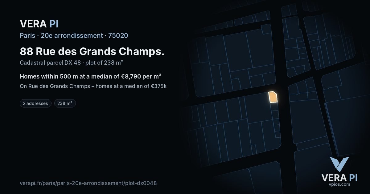 88 Rue des Grands Champs, 20e arrondissement at night – the plot lit, the parcels around coloured by the prices near them