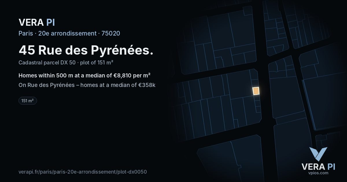 45 Rue des Pyrénées, 20e arrondissement at night – the plot lit, the parcels around coloured by the prices near them