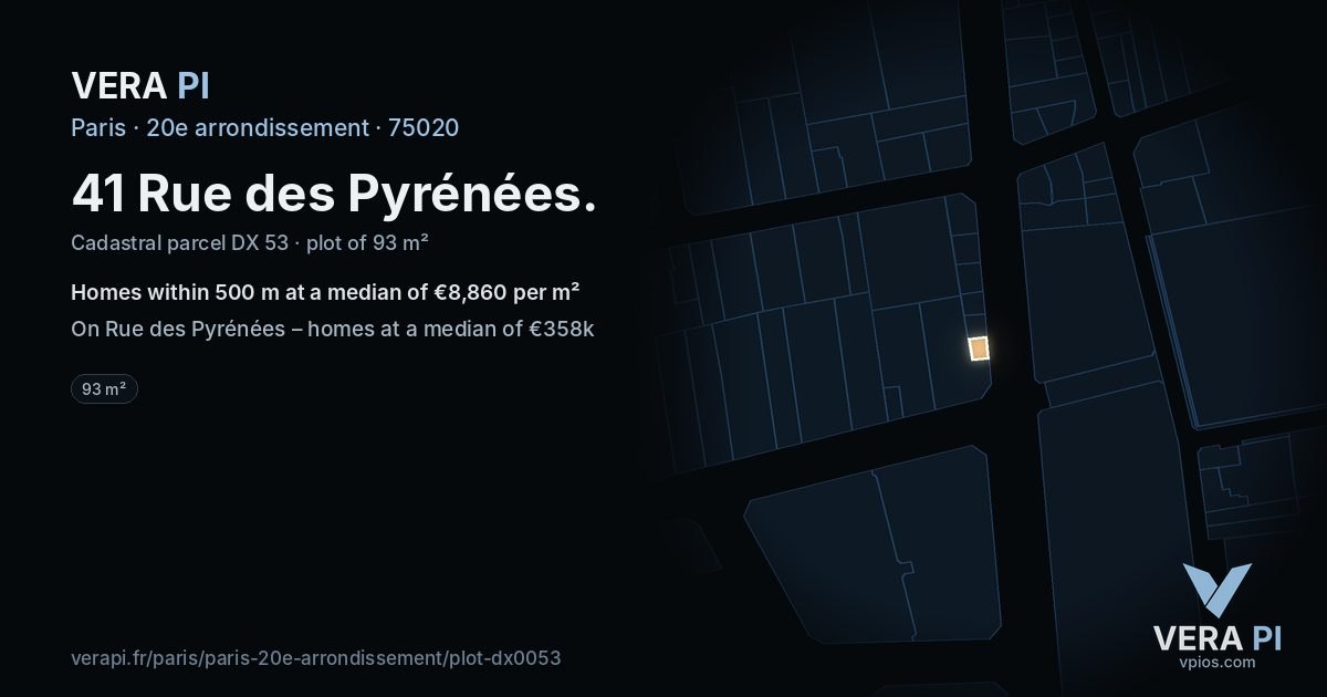 41 Rue des Pyrénées, 20e arrondissement at night – the plot lit, the parcels around coloured by the prices near them