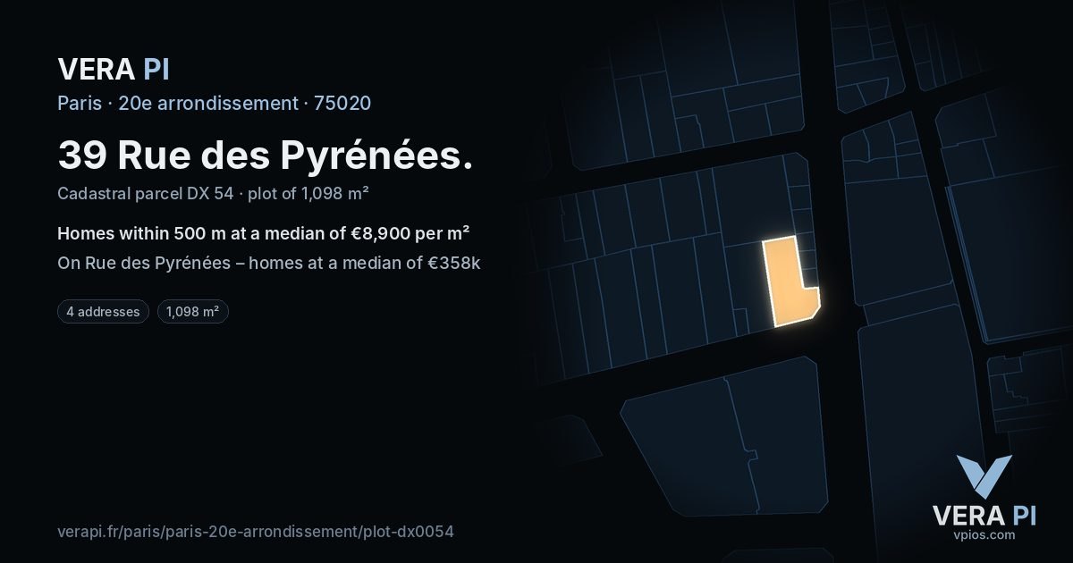 39 Rue des Pyrénées, 20e arrondissement at night – the plot lit, the parcels around coloured by the prices near them