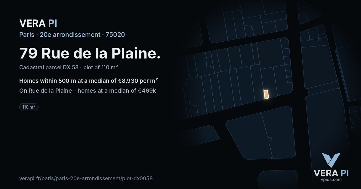 79 Rue de la Plaine, 20e arrondissement at night – the plot lit, the parcels around coloured by the prices near them
