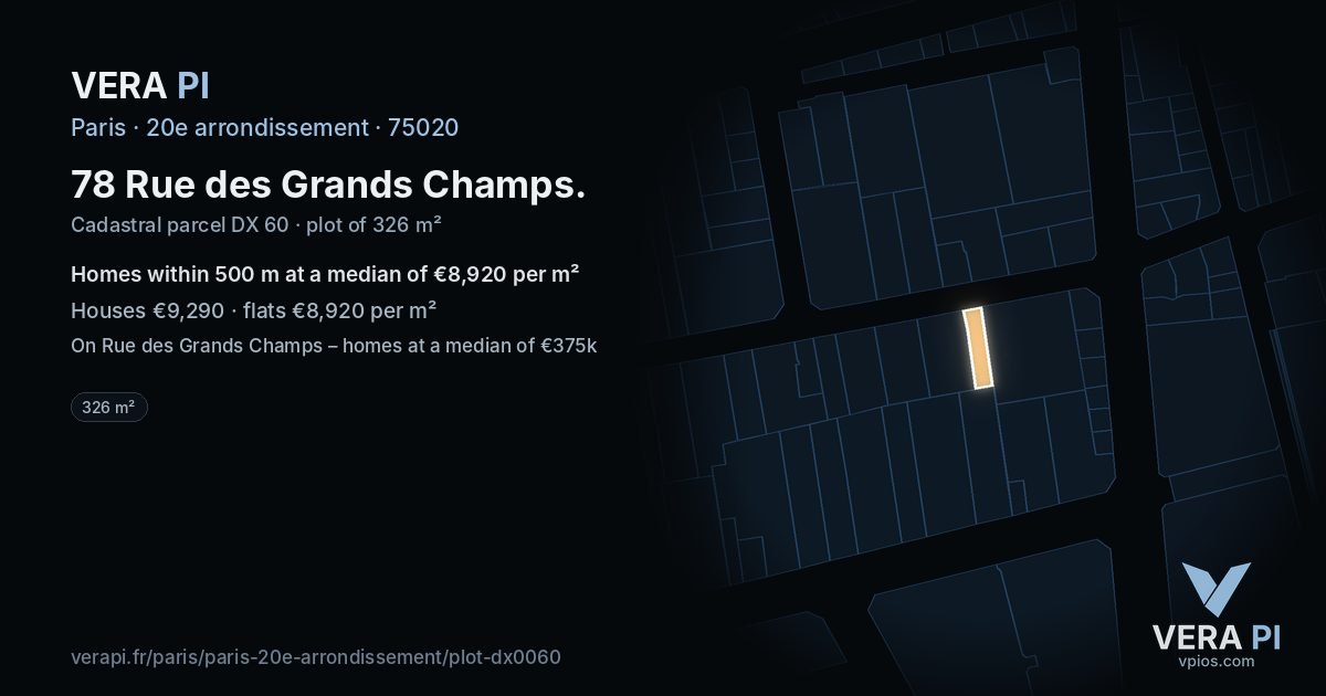 78 Rue des Grands Champs, 20e arrondissement at night – the plot lit, the parcels around coloured by the prices near them