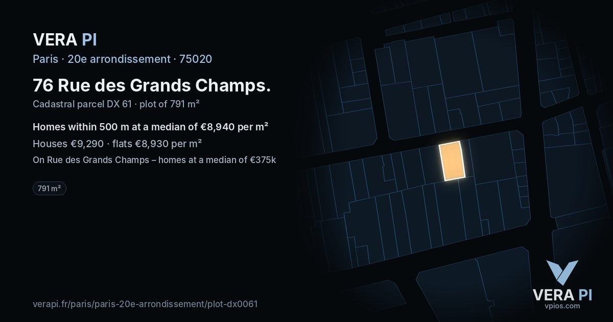 76 Rue des Grands Champs, 20e arrondissement at night – the plot lit, the parcels around coloured by the prices near them