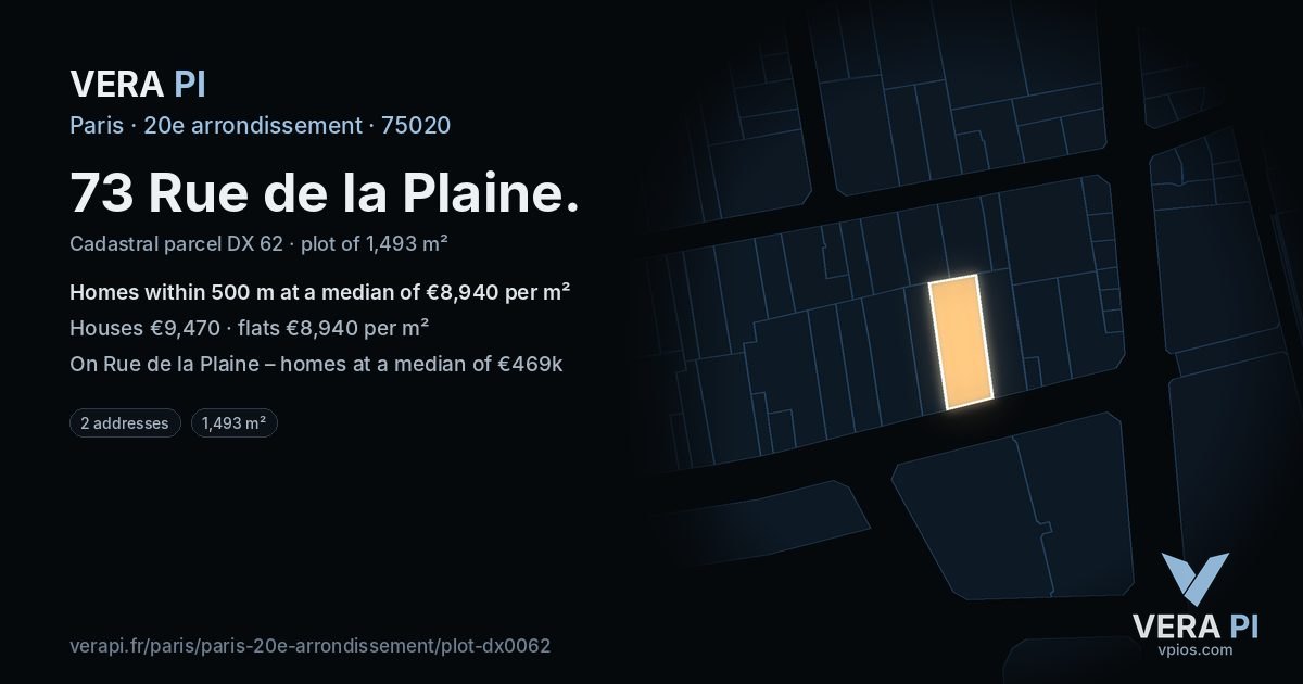 73 Rue de la Plaine, 20e arrondissement at night – the plot lit, the parcels around coloured by the prices near them
