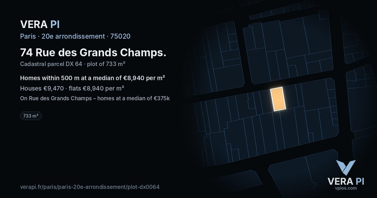 74 Rue des Grands Champs, 20e arrondissement at night – the plot lit, the parcels around coloured by the prices near them