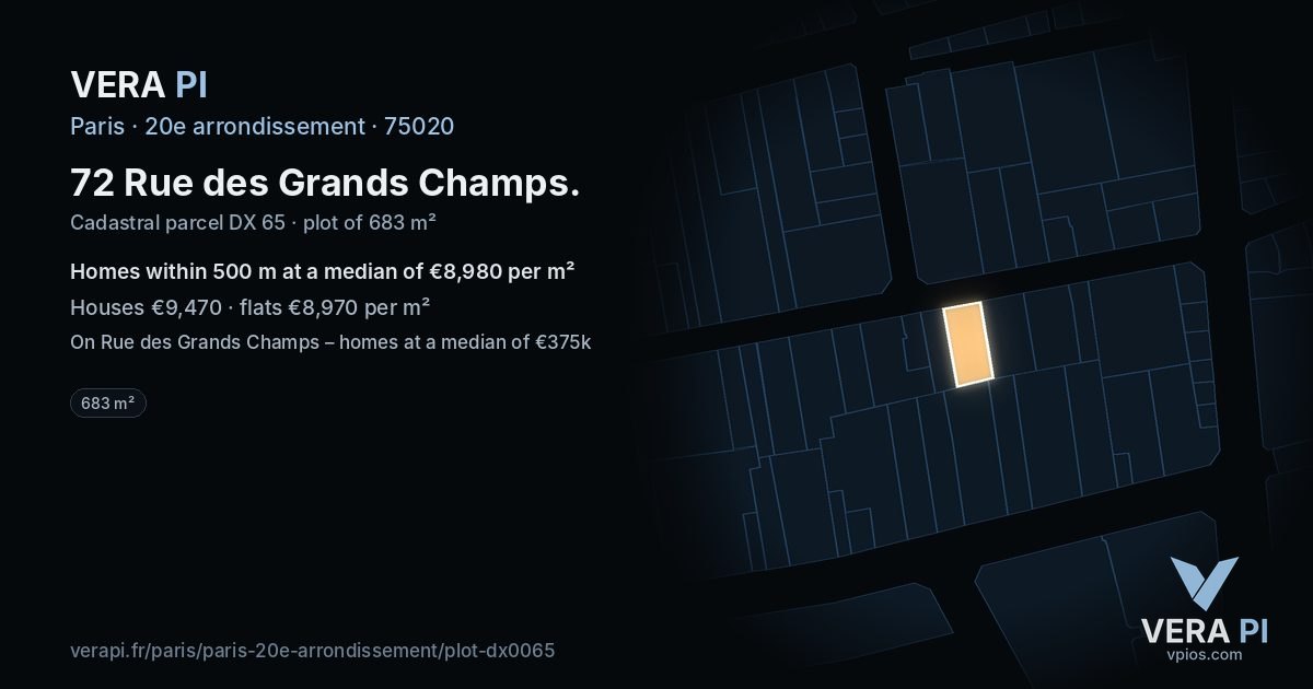 72 Rue des Grands Champs, 20e arrondissement at night – the plot lit, the parcels around coloured by the prices near them