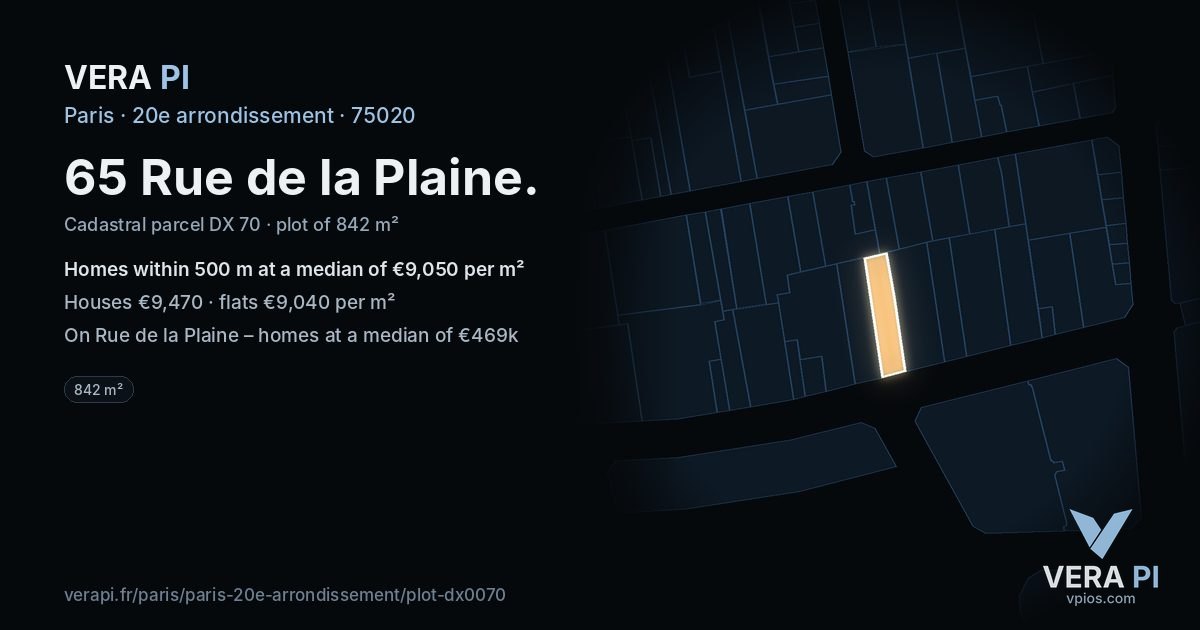 65 Rue de la Plaine, 20e arrondissement at night – the plot lit, the parcels around coloured by the prices near them