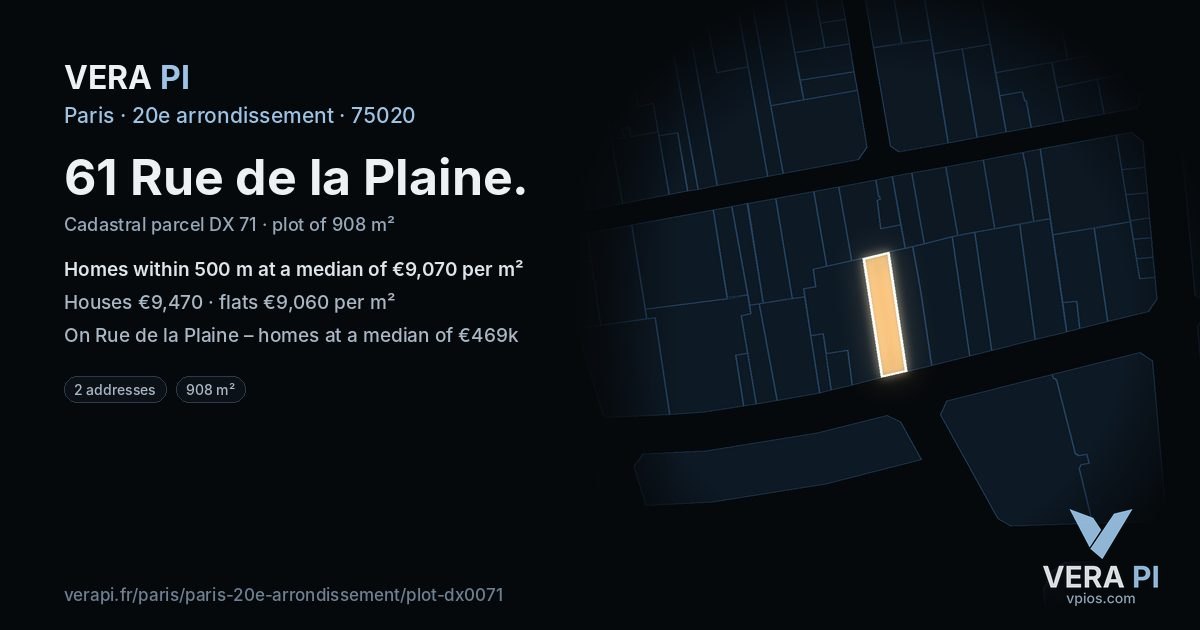 61 Rue de la Plaine, 20e arrondissement at night – the plot lit, the parcels around coloured by the prices near them