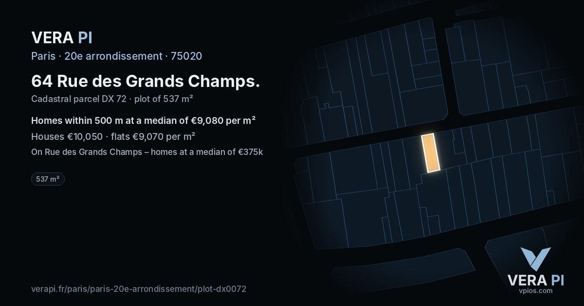 64 Rue des Grands Champs, 20e arrondissement at night – the plot lit, the parcels around coloured by the prices near them