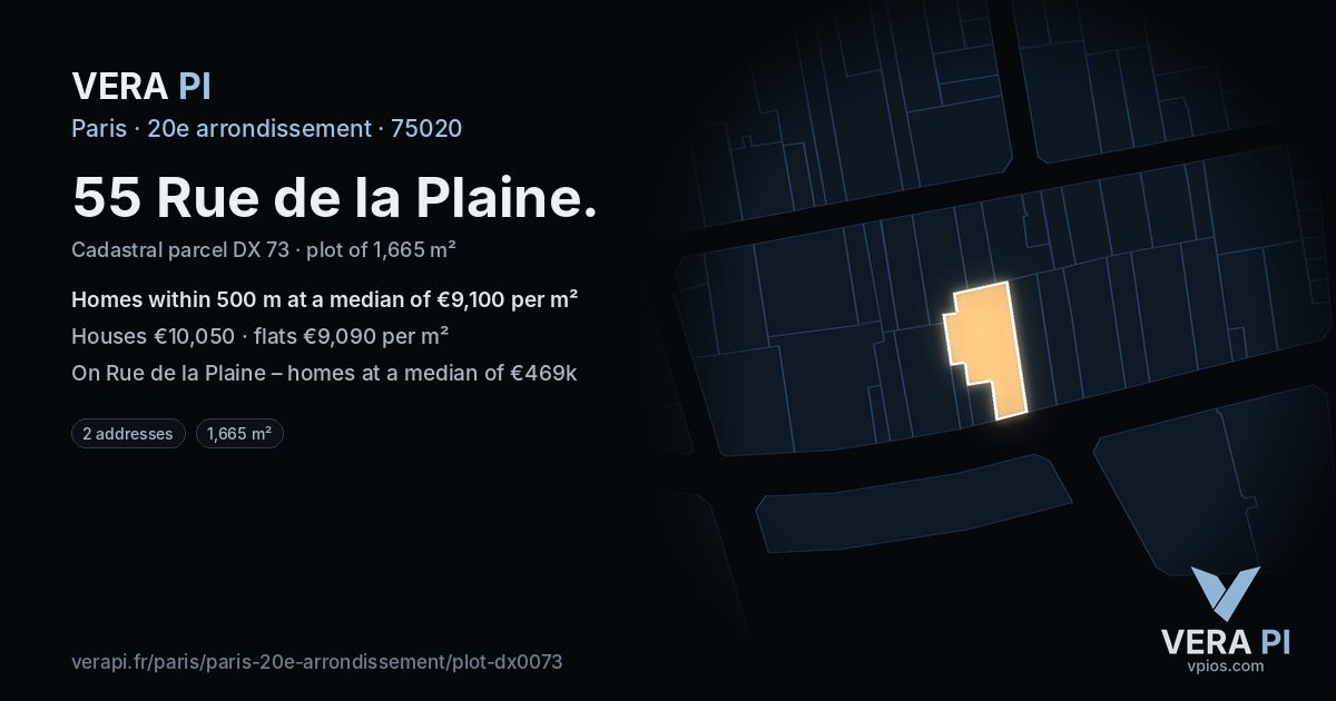 55 Rue de la Plaine, 20e arrondissement at night – the plot lit, the parcels around coloured by the prices near them