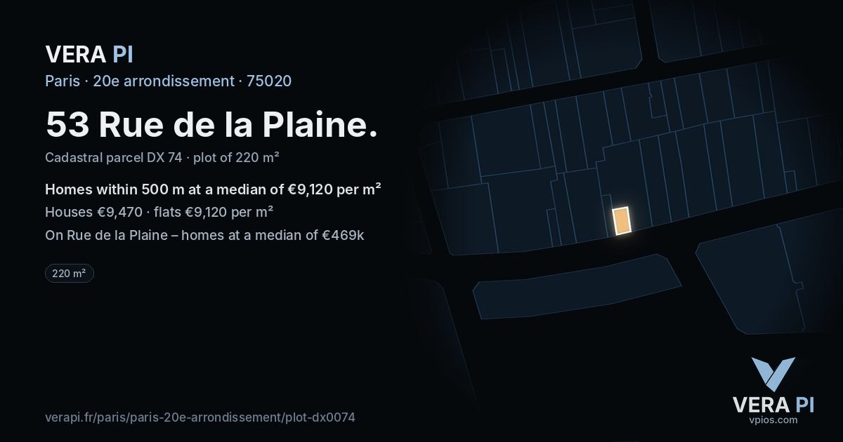 53 Rue de la Plaine, 20e arrondissement at night – the plot lit, the parcels around coloured by the prices near them