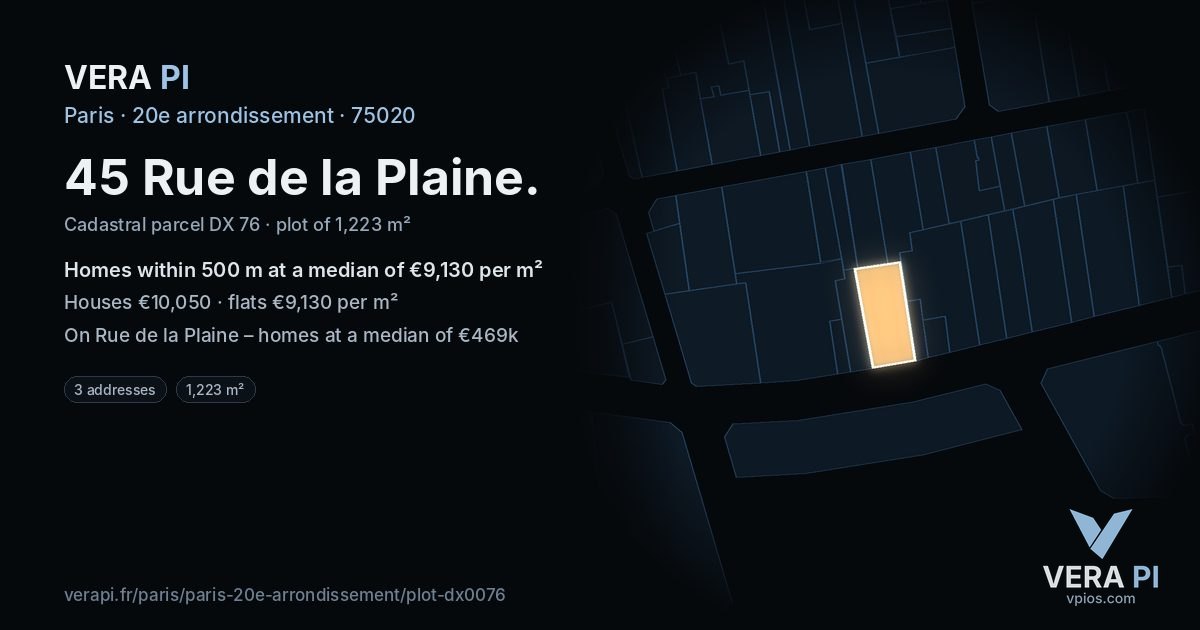 45 Rue de la Plaine, 20e arrondissement at night – the plot lit, the parcels around coloured by the prices near them