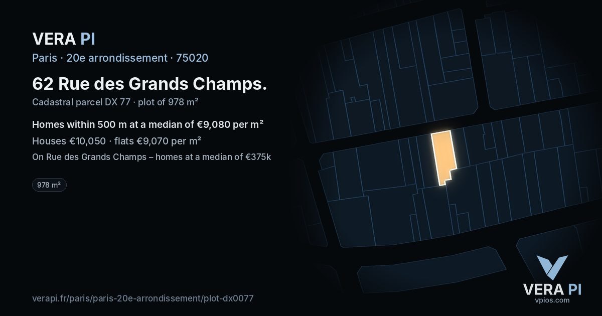 62 Rue des Grands Champs, 20e arrondissement at night – the plot lit, the parcels around coloured by the prices near them
