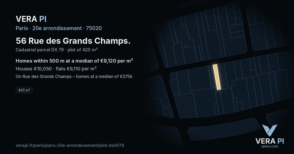56 Rue des Grands Champs, 20e arrondissement at night – the plot lit, the parcels around coloured by the prices near them