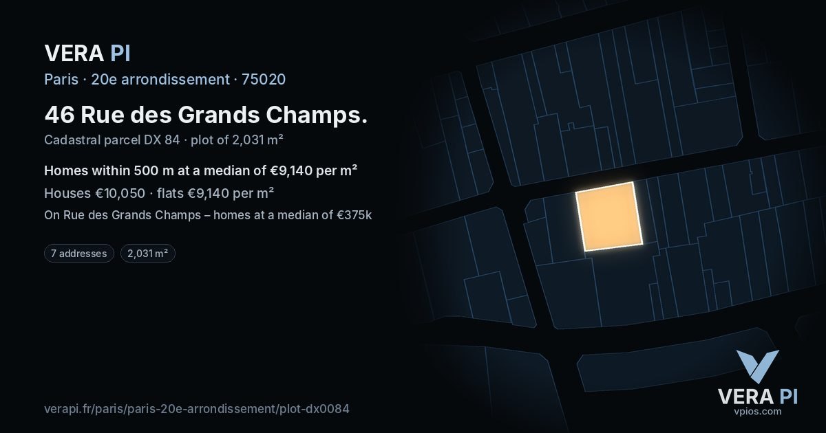 46 Rue des Grands Champs, 20e arrondissement at night – the plot lit, the parcels around coloured by the prices near them