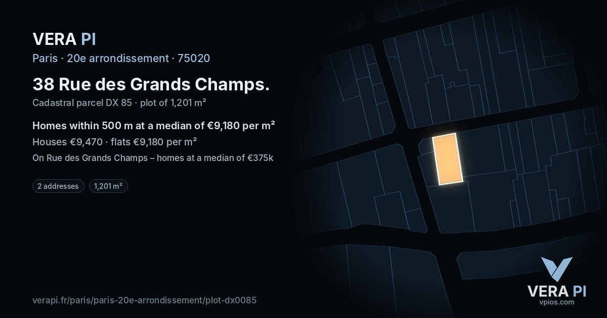 38 Rue des Grands Champs, 20e arrondissement at night – the plot lit, the parcels around coloured by the prices near them