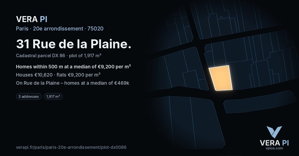 31 Rue de la Plaine, 20e arrondissement at night – the plot lit, the parcels around coloured by the prices near them