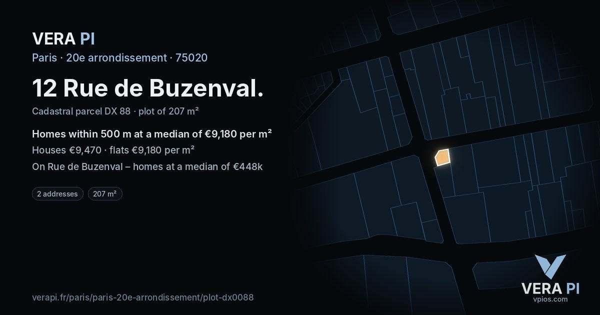 12 Rue de Buzenval, 20e arrondissement at night – the plot lit, the parcels around coloured by the prices near them