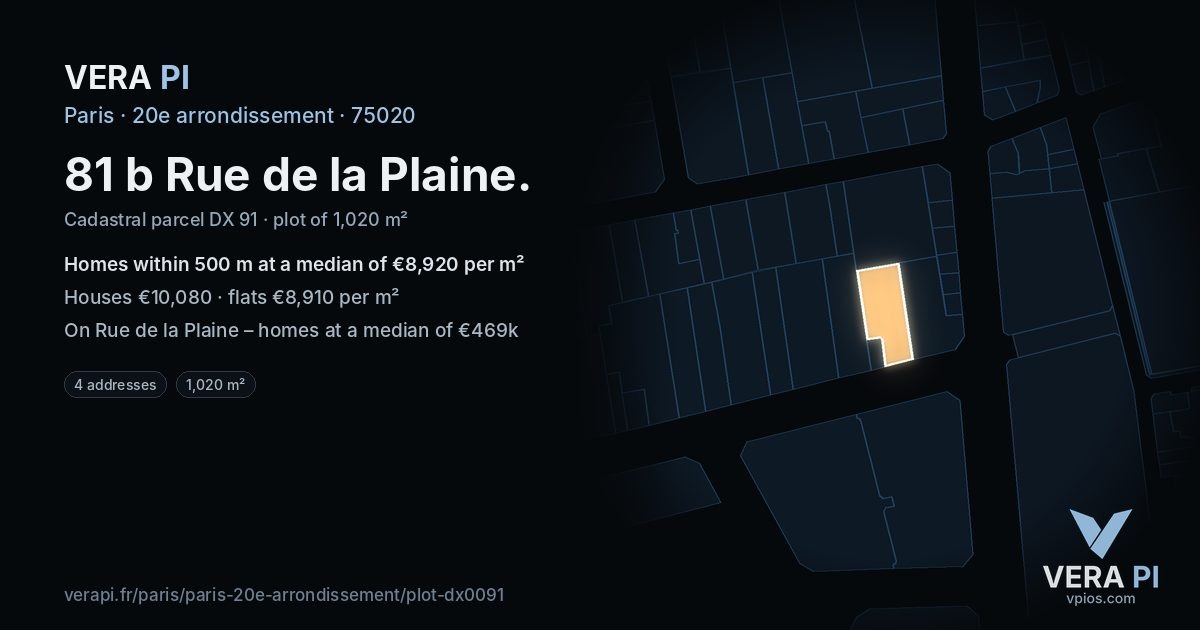 81 b Rue de la Plaine, 20e arrondissement at night – the plot lit, the parcels around coloured by the prices near them