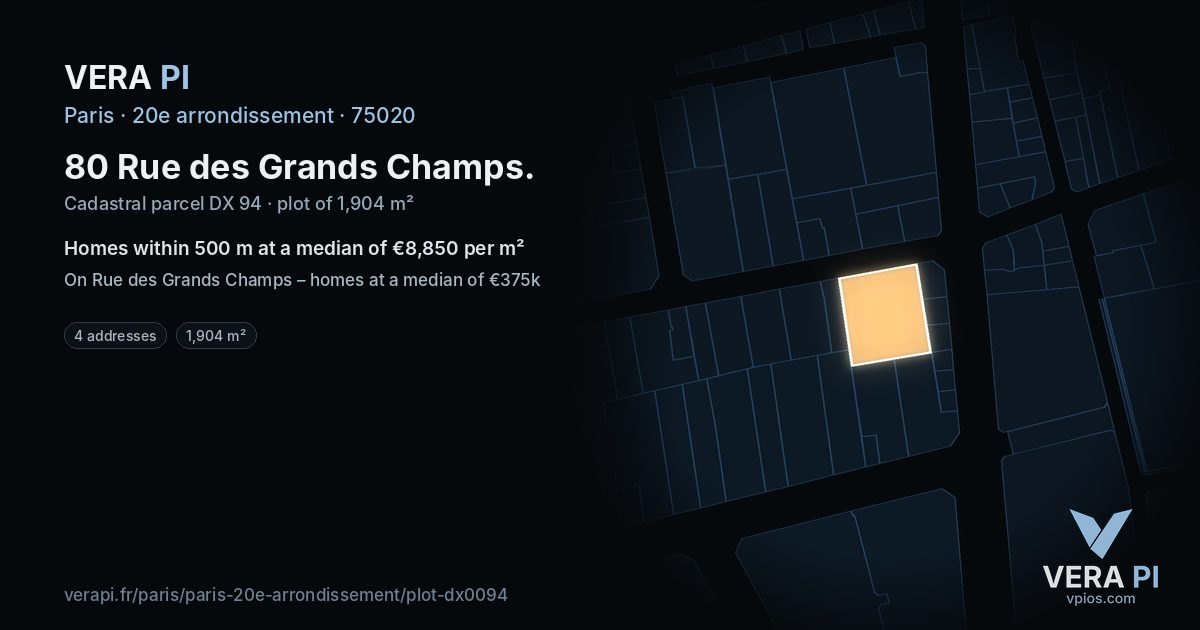 80 Rue des Grands Champs, 20e arrondissement at night – the plot lit, the parcels around coloured by the prices near them