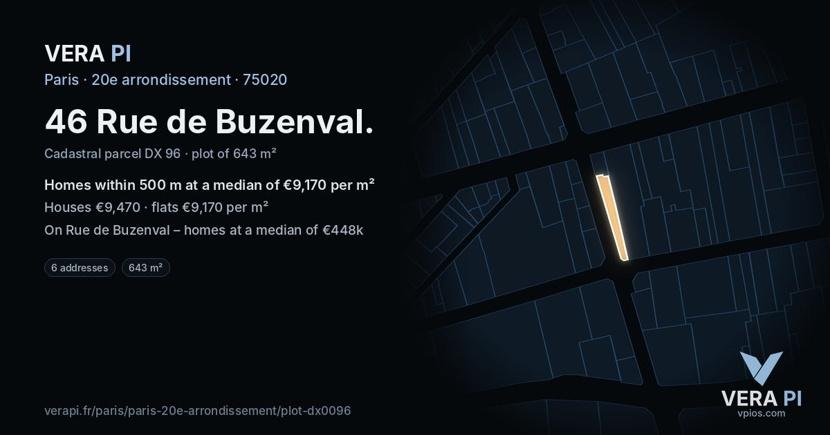 46 Rue de Buzenval, 20e arrondissement at night – the plot lit, the parcels around coloured by the prices near them