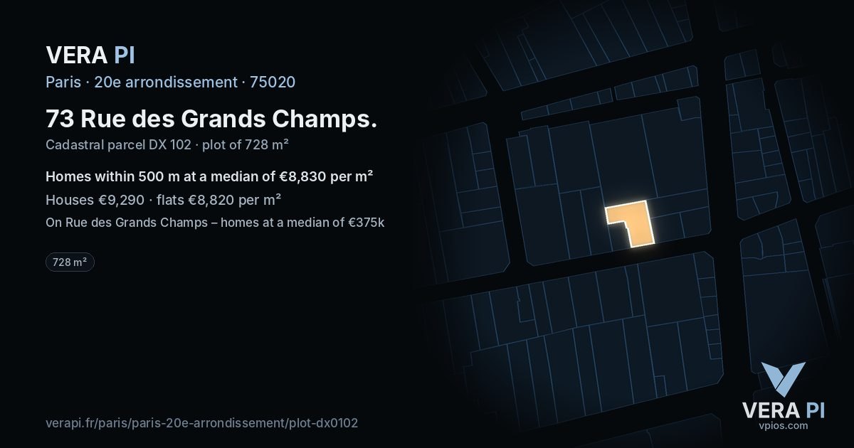 73 Rue des Grands Champs, 20e arrondissement at night – the plot lit, the parcels around coloured by the prices near them