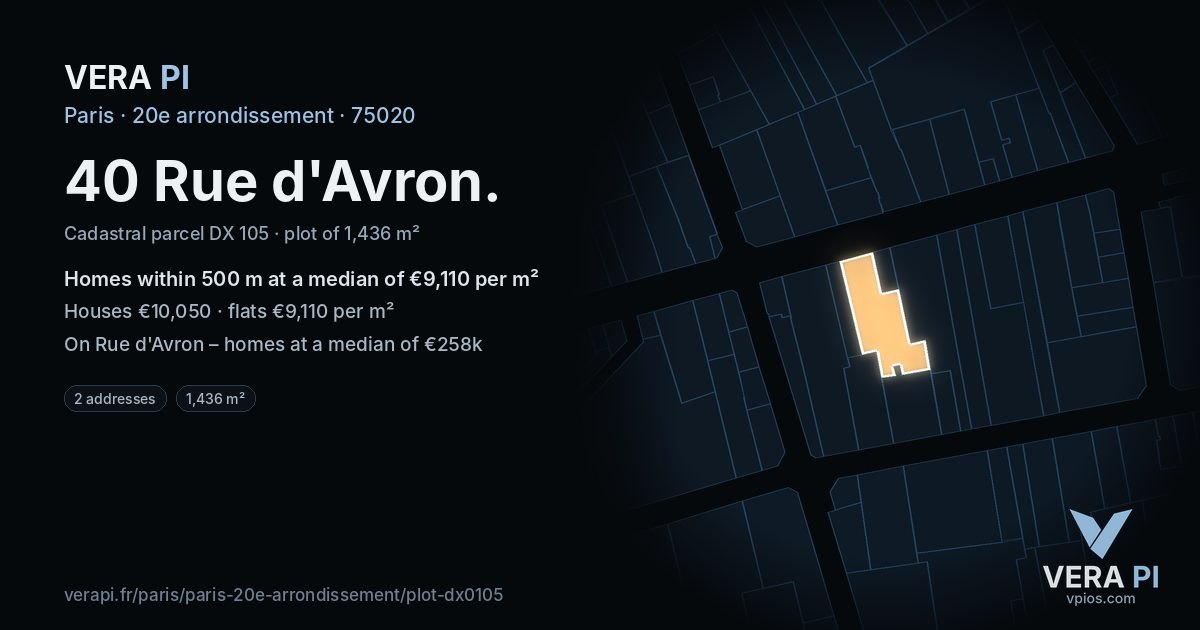 40 Rue d'Avron, 20e arrondissement at night – the plot lit, the parcels around coloured by the prices near them