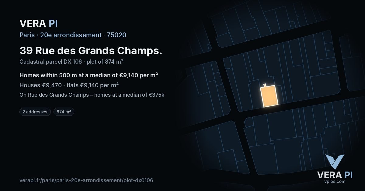 39 Rue des Grands Champs, 20e arrondissement at night – the plot lit, the parcels around coloured by the prices near them