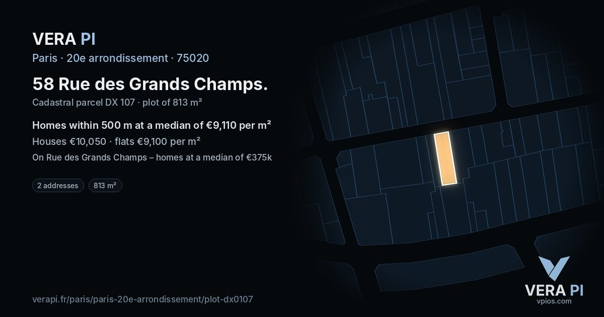 58 Rue des Grands Champs, 20e arrondissement at night – the plot lit, the parcels around coloured by the prices near them