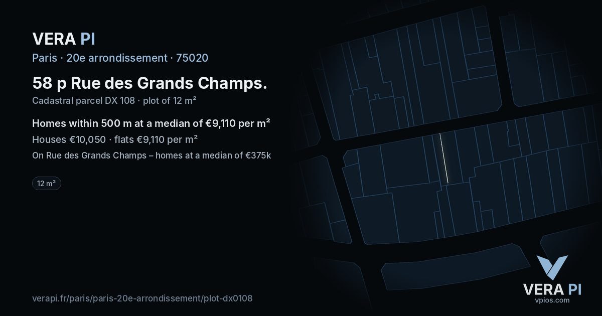 58 p Rue des Grands Champs, 20e arrondissement at night – the plot lit, the parcels around coloured by the prices near them