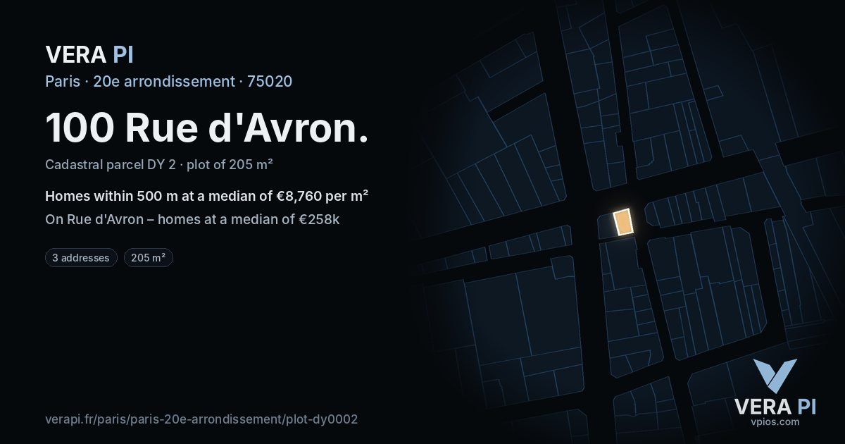 100 Rue d'Avron, 20e arrondissement at night – the plot lit, the parcels around coloured by the prices near them