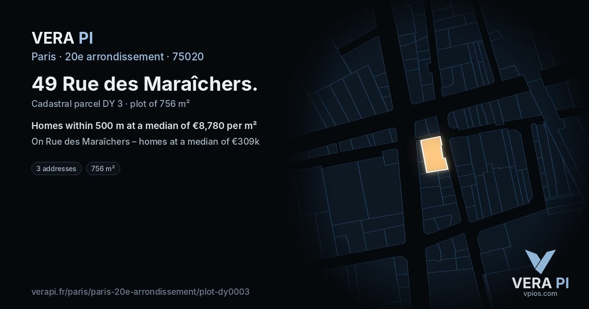 49 Rue des Maraîchers, 20e arrondissement at night – the plot lit, the parcels around coloured by the prices near them