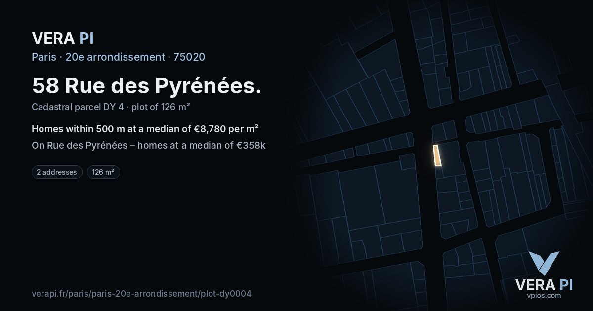 58 Rue des Pyrénées, 20e arrondissement at night – the plot lit, the parcels around coloured by the prices near them