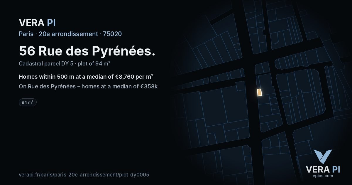 56 Rue des Pyrénées, 20e arrondissement at night – the plot lit, the parcels around coloured by the prices near them