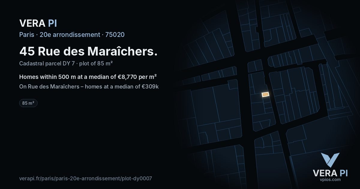 45 Rue des Maraîchers, 20e arrondissement at night – the plot lit, the parcels around coloured by the prices near them