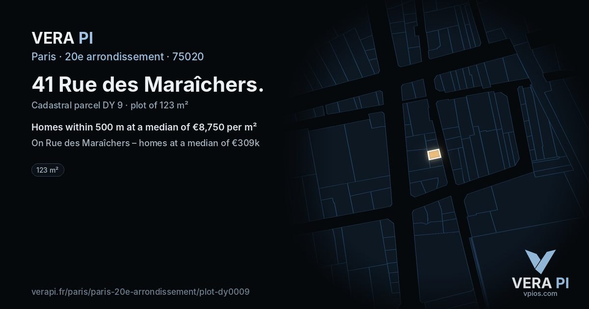 41 Rue des Maraîchers, 20e arrondissement at night – the plot lit, the parcels around coloured by the prices near them