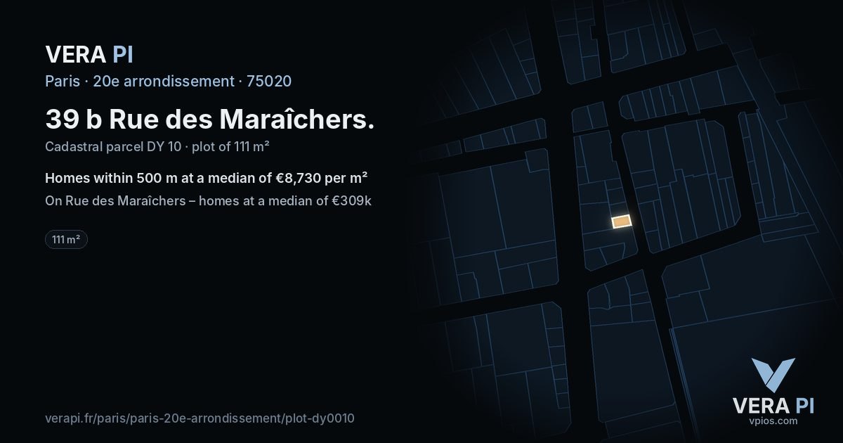 39 b Rue des Maraîchers, 20e arrondissement at night – the plot lit, the parcels around coloured by the prices near them