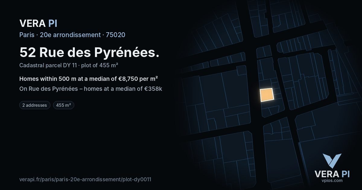 52 Rue des Pyrénées, 20e arrondissement at night – the plot lit, the parcels around coloured by the prices near them