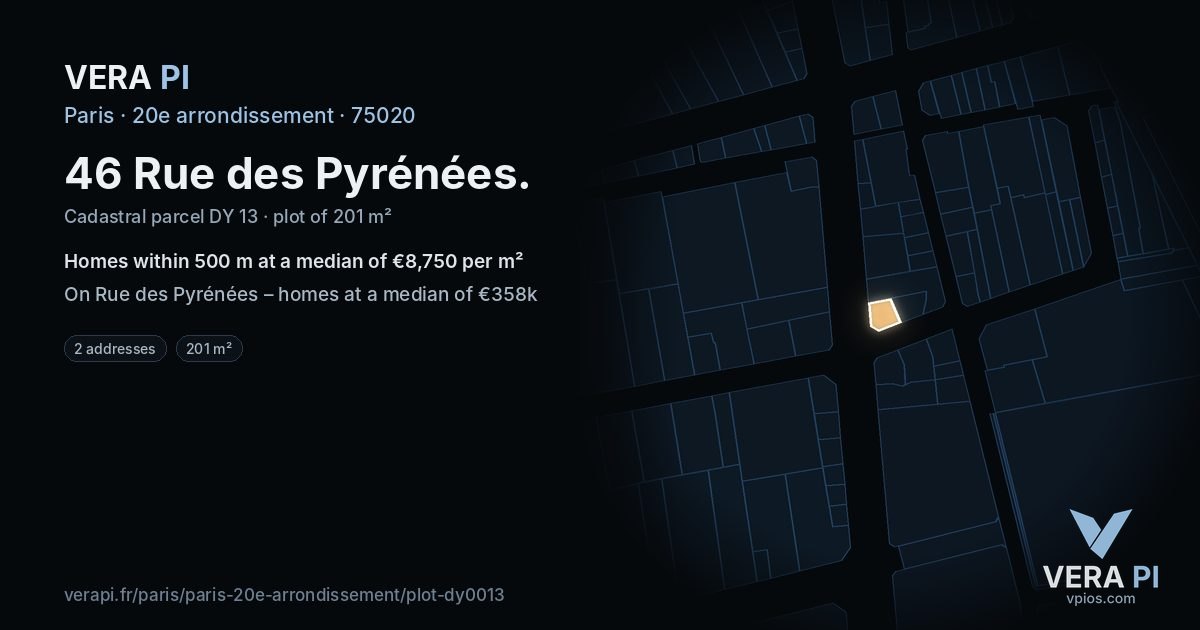 46 Rue des Pyrénées, 20e arrondissement at night – the plot lit, the parcels around coloured by the prices near them