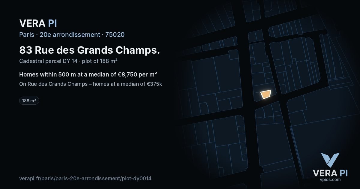 83 Rue des Grands Champs, 20e arrondissement at night – the plot lit, the parcels around coloured by the prices near them