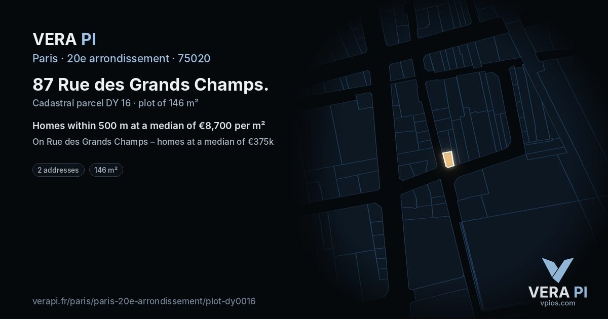 87 Rue des Grands Champs, 20e arrondissement at night – the plot lit, the parcels around coloured by the prices near them