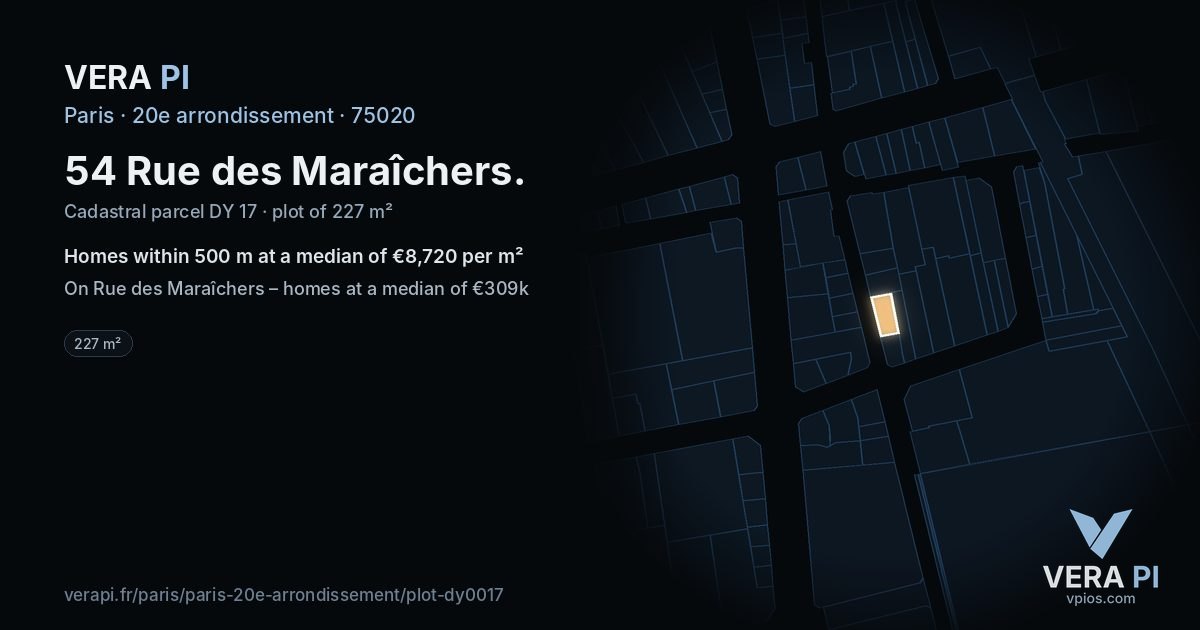 54 Rue des Maraîchers, 20e arrondissement at night – the plot lit, the parcels around coloured by the prices near them