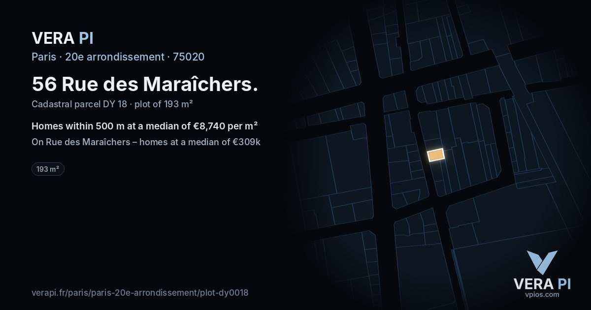 56 Rue des Maraîchers, 20e arrondissement at night – the plot lit, the parcels around coloured by the prices near them